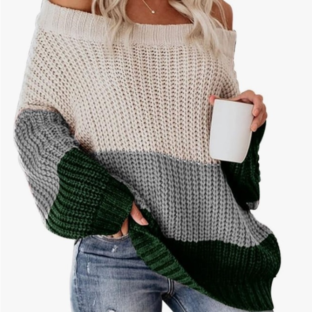 Amazon Off-Shoulder Colorblock Sweater in Cream, Gray & Dark Green